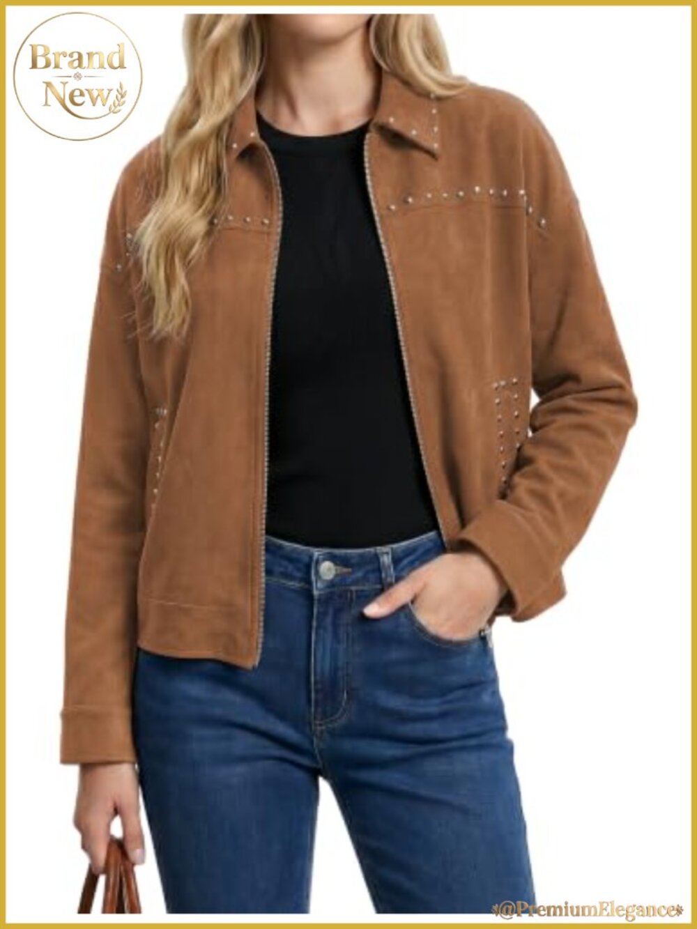 Faux Suede Studded Cropped Bomber Jacket Zip Up Casual Fall